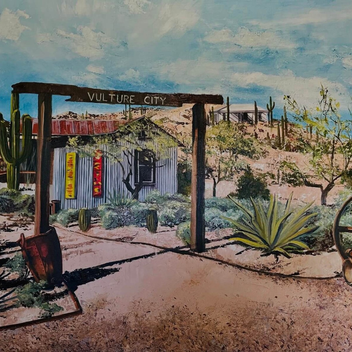 a bench in front of a palm tree