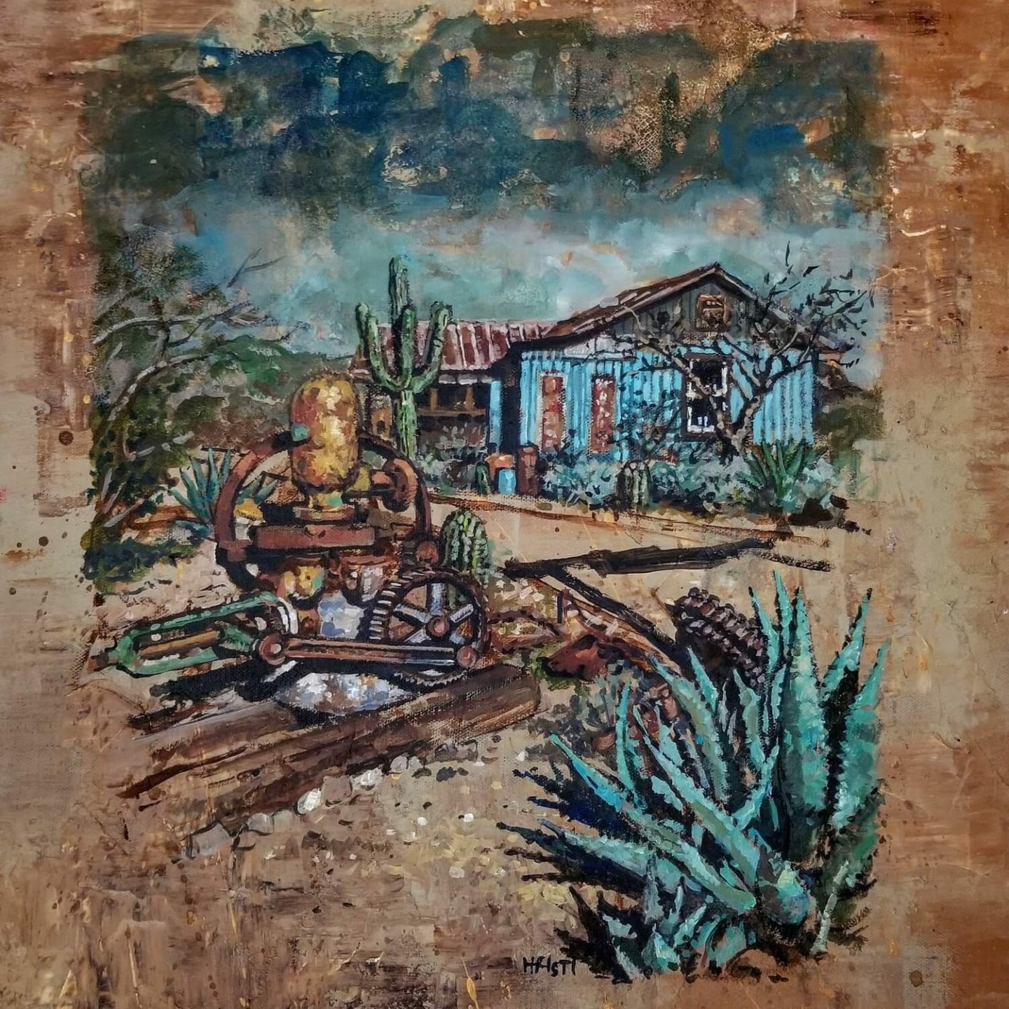 a painting of a stone building