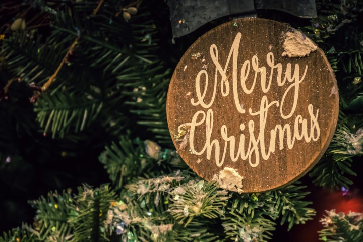Wooden ornament with 'Merry Christmas' on a decorated evergreen tree.