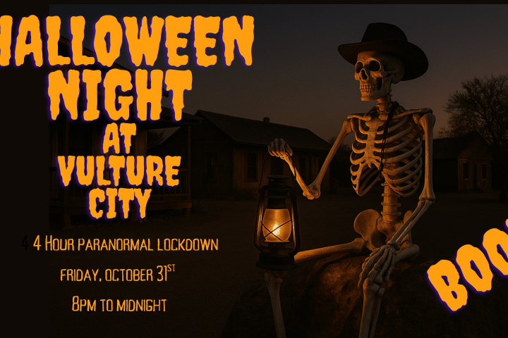 Halloween event poster with skeleton holding lantern at night.
