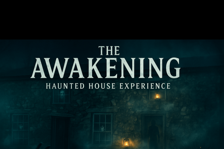 Dark figure in doorway beneath text: The Awakening Haunted House Experience.