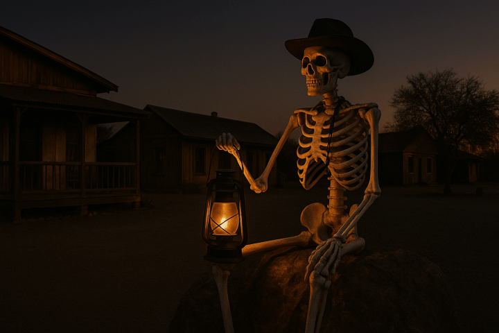 Skeleton wearing hat, holding lantern, sitting outside wooden buildings at night.