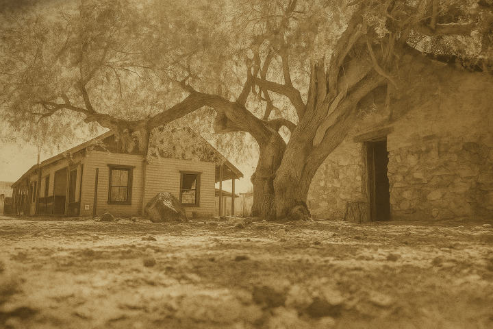 Sepia-toned image of an old house and large tree in a desert setting.